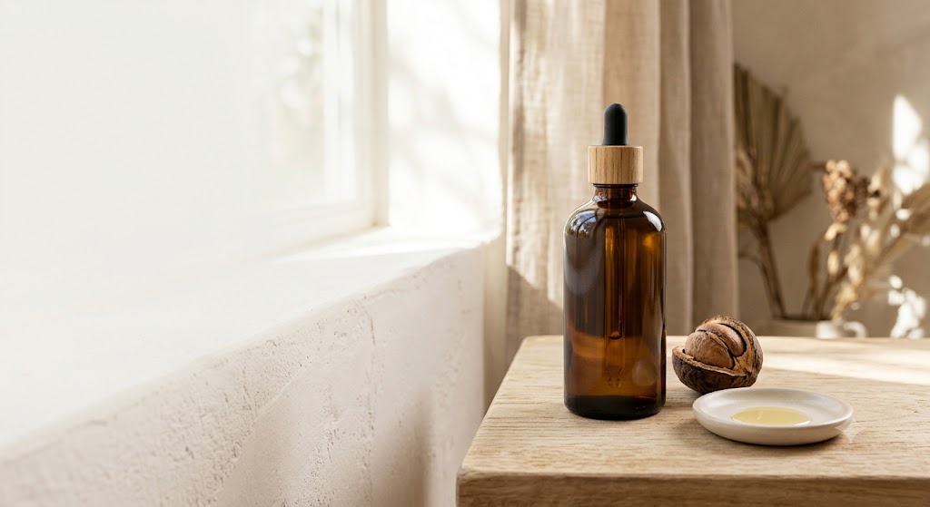 Walden Organics Cacay Oil — warm minimalist still life